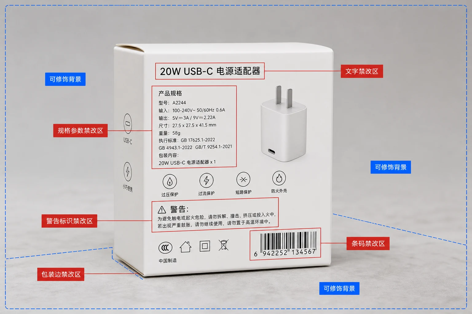 包装盒商品图上用标注框圈出品牌文字、条码、规格和背景可修饰区