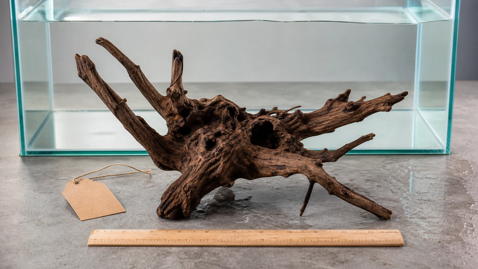 鱼缸造景沉木商品图包含根须、尺寸尺和产地标签