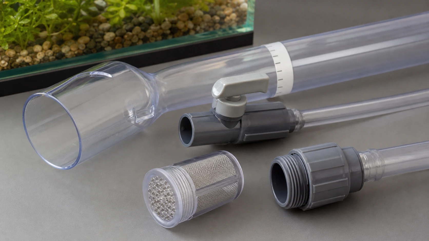 鱼缸换水器虹吸管、止水阀、滤网头、接头螺纹和刻度贴的局部细节