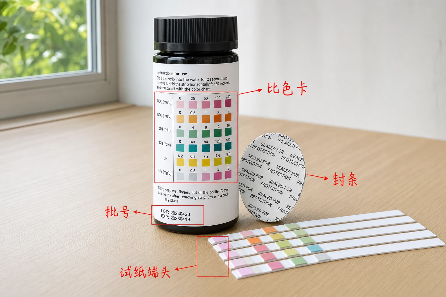 鱼缸水质试纸商品图的比色卡、批号、封条和试纸端头证据区标注板