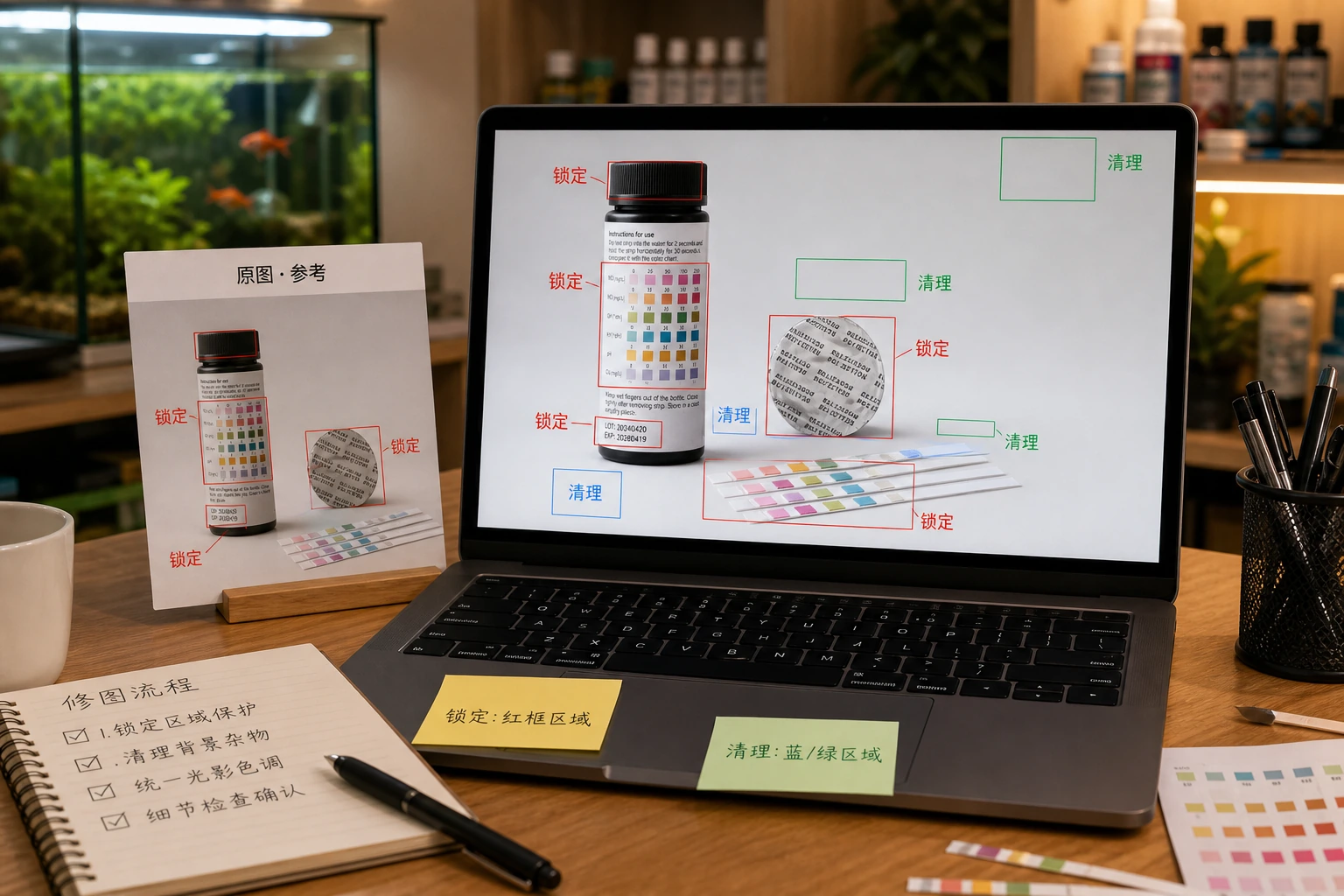 图叮 AI 修鱼缸水质试纸商品图时的证据锁定和局部清理工作台