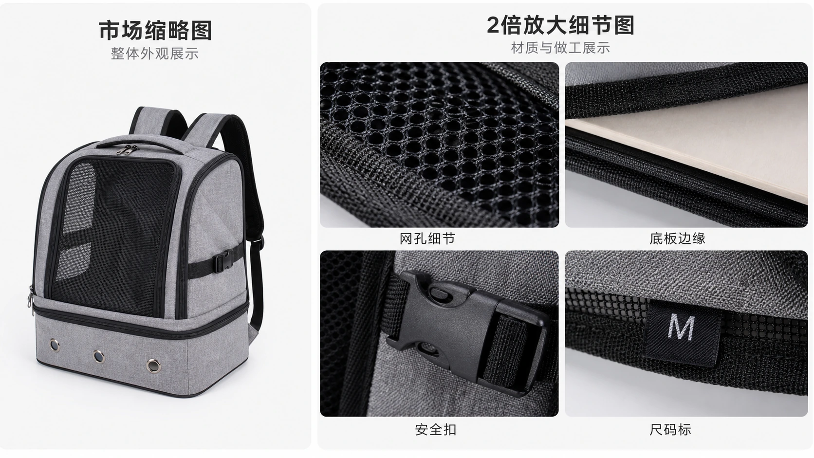 宠物外出背包缩略图与局部放大验收对比，重点检查网孔、底板、安全扣和尺码标