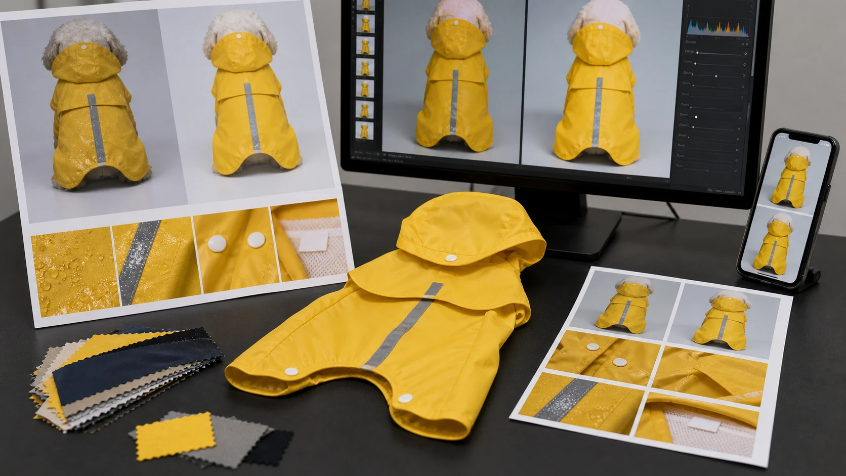宠物雨衣 AI 修图返检工作台展示原图修后图反光条按扣和尺码标