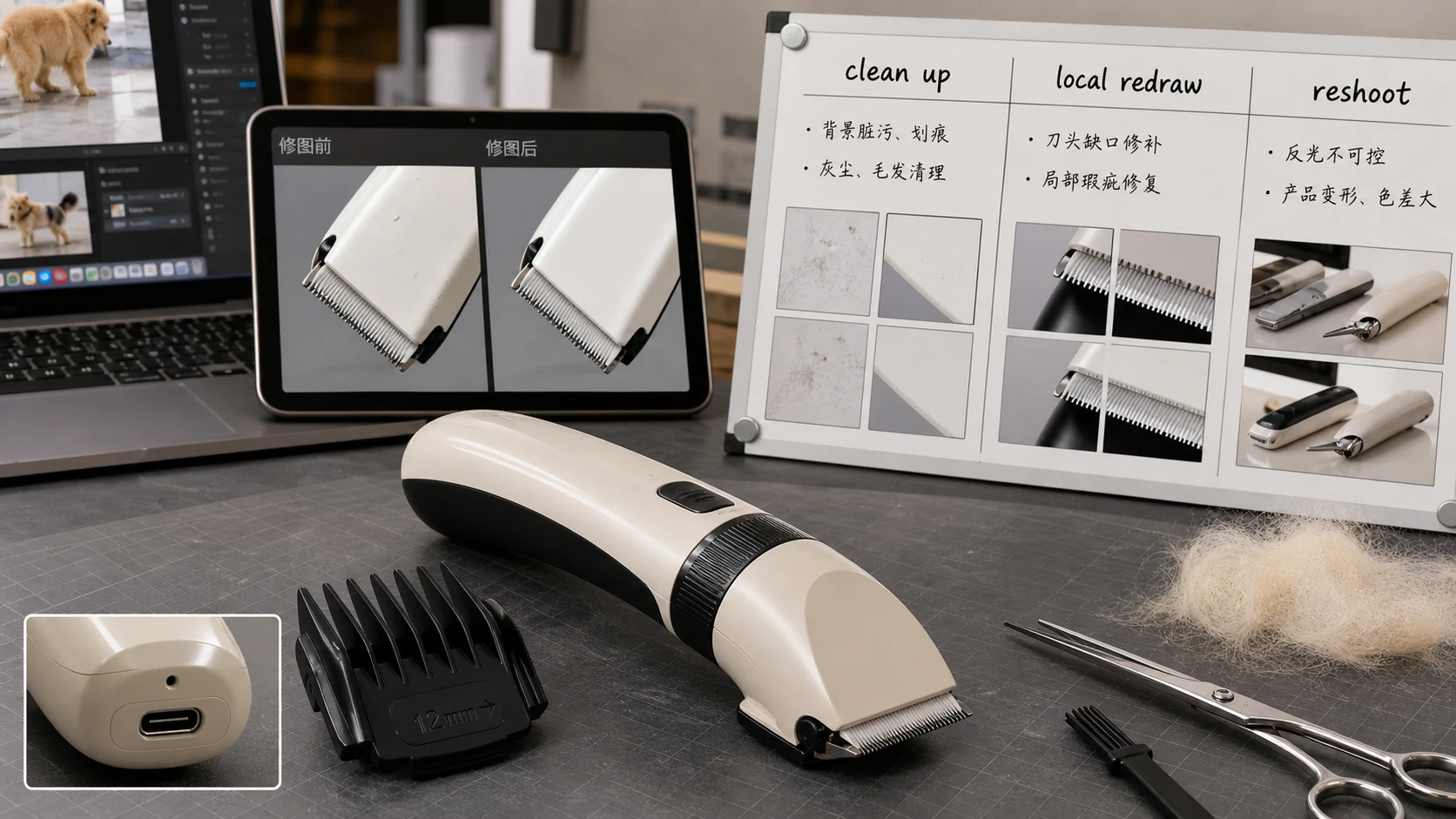 宠物剃毛器商品图修图工作台展示刀头限位梳充电口和三条处理路径