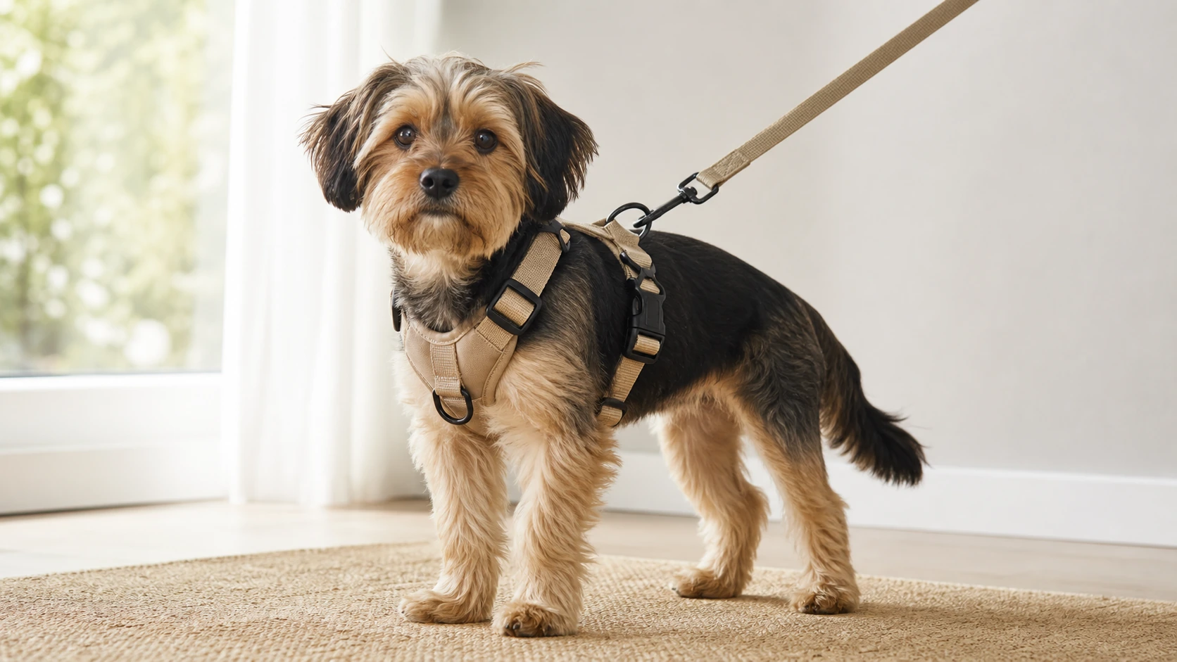一只小型犬佩戴宠物胸背牵引绳，插扣、D环和调节扣清晰可见