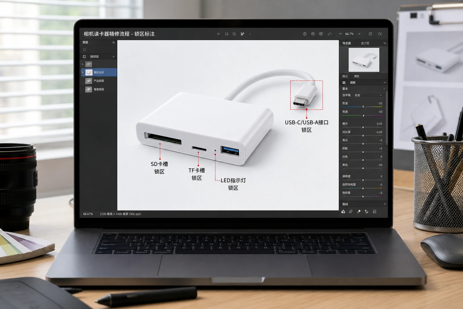 读卡器商品图在修图工作台上标出 USB 口、SD 卡槽、TF 卡槽和指示灯锁定区