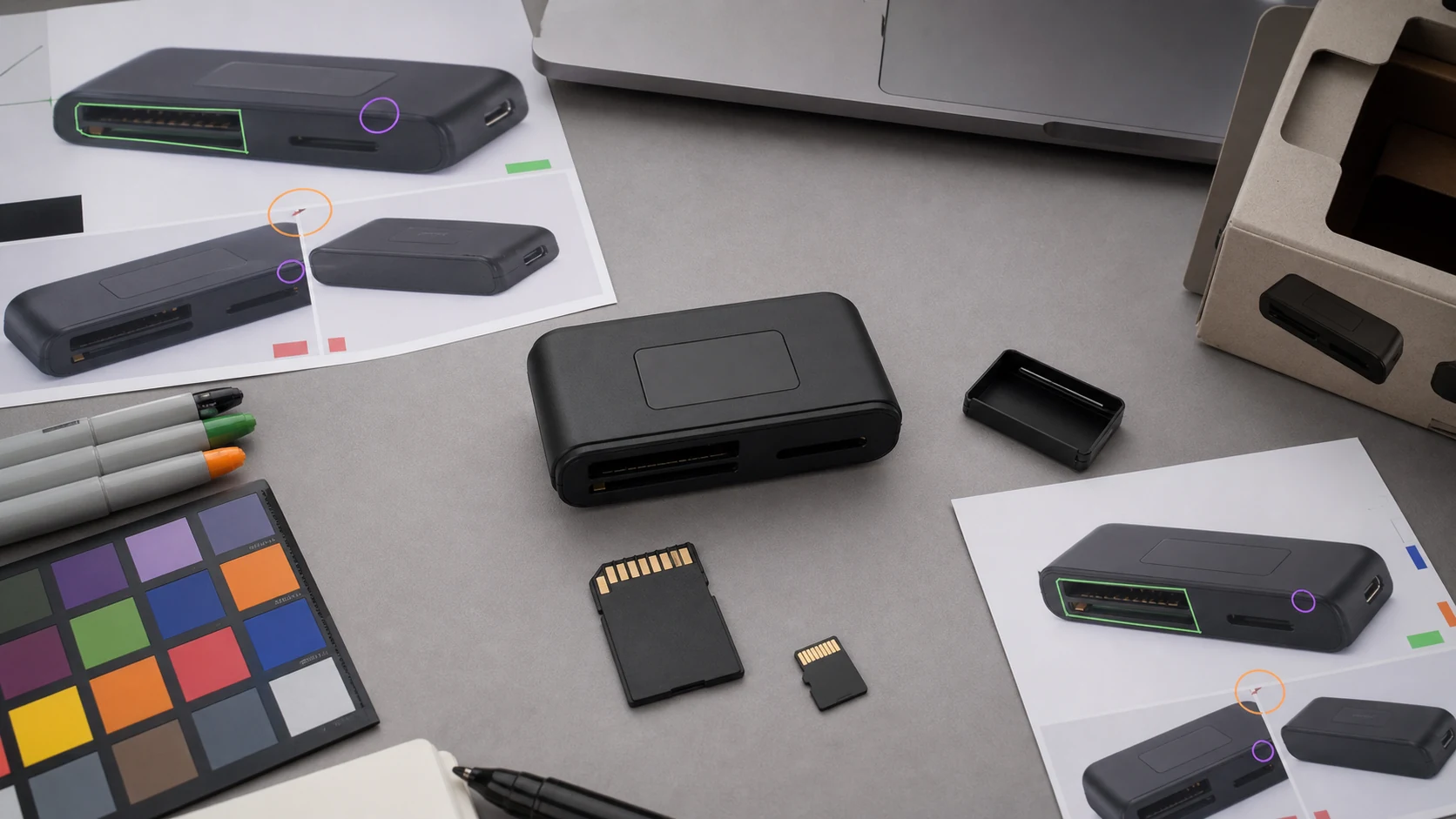 读卡器修图工作台展示 SD 卡槽 USB-C 接口速度标和防尘盖证据区