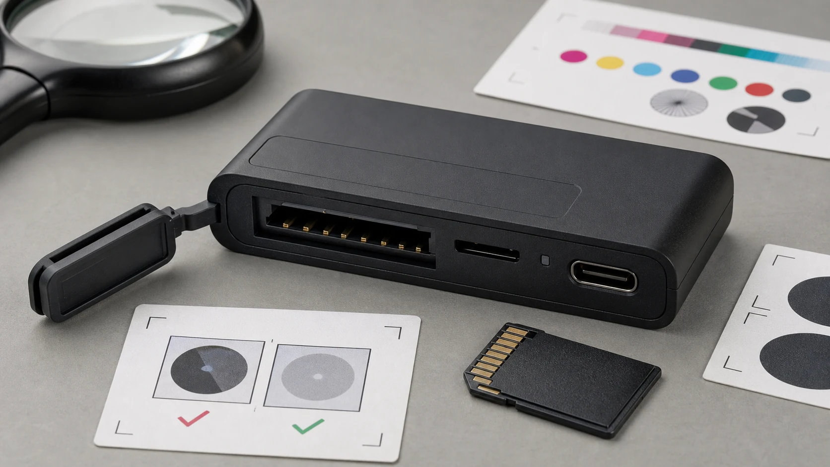 读卡器卡槽和 USB-C 接口局部检查图展示金属触点开孔边界和速度标区域