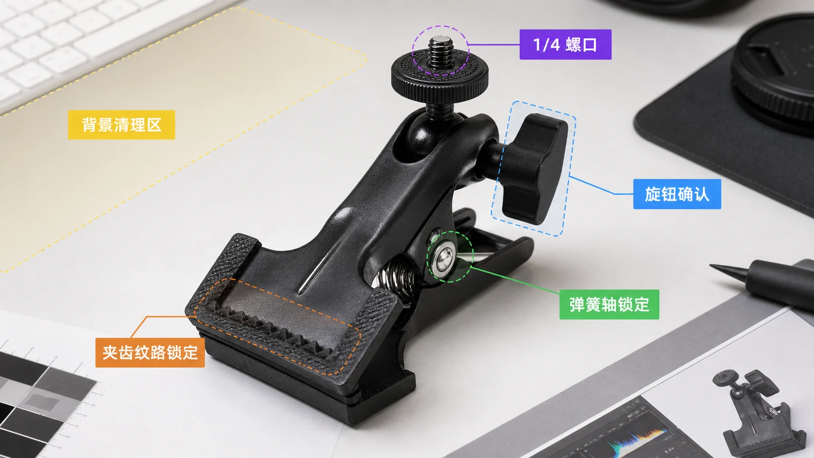 摄影布光夹具放在修图工作台上，背景清理区和夹齿锁定区被分色标注