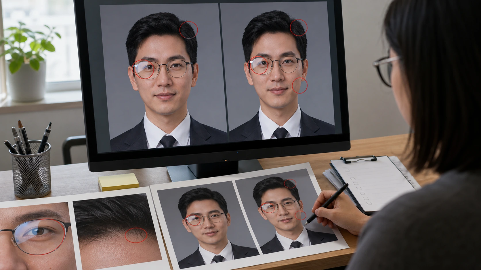 职业头像 AI 修图返检工作台展示原图修后图眼镜发际线和皮肤纹理标注
