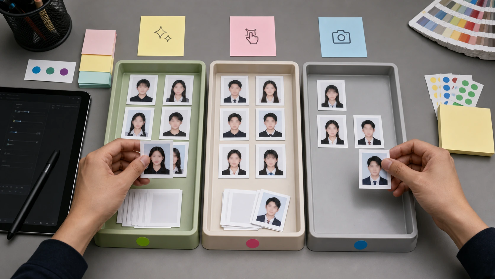 证件照批量修图三条路径工作台，分为 AI 轻修、手工精修和退回重拍