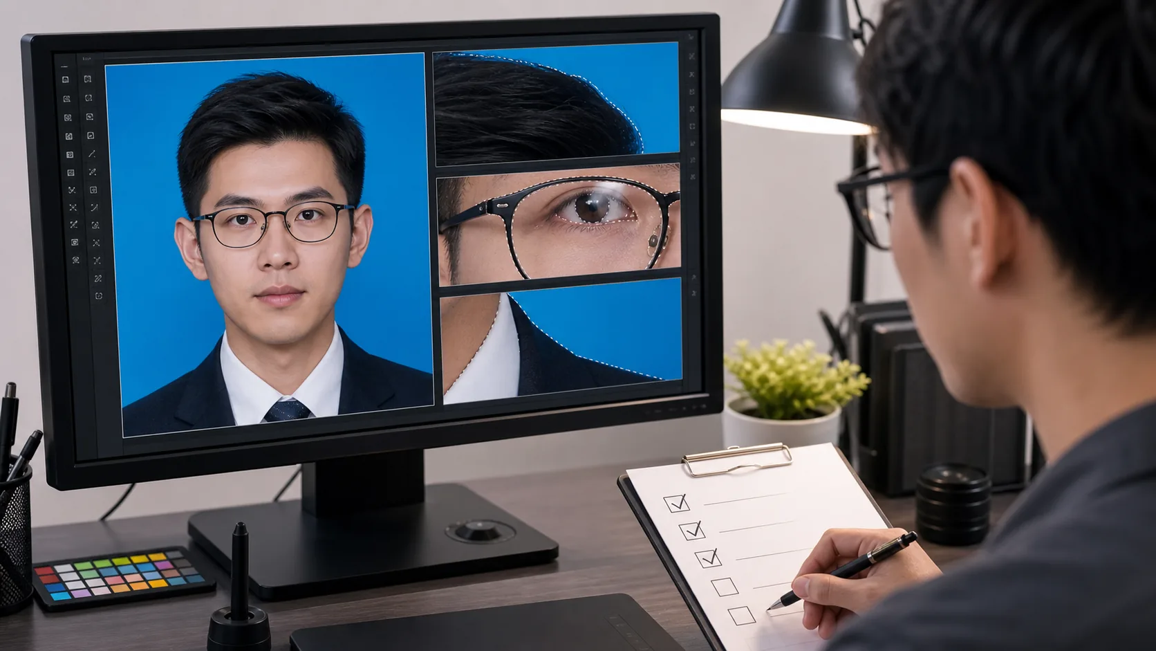 修图工作台上对比证件照发丝眼镜反光和蓝底边界