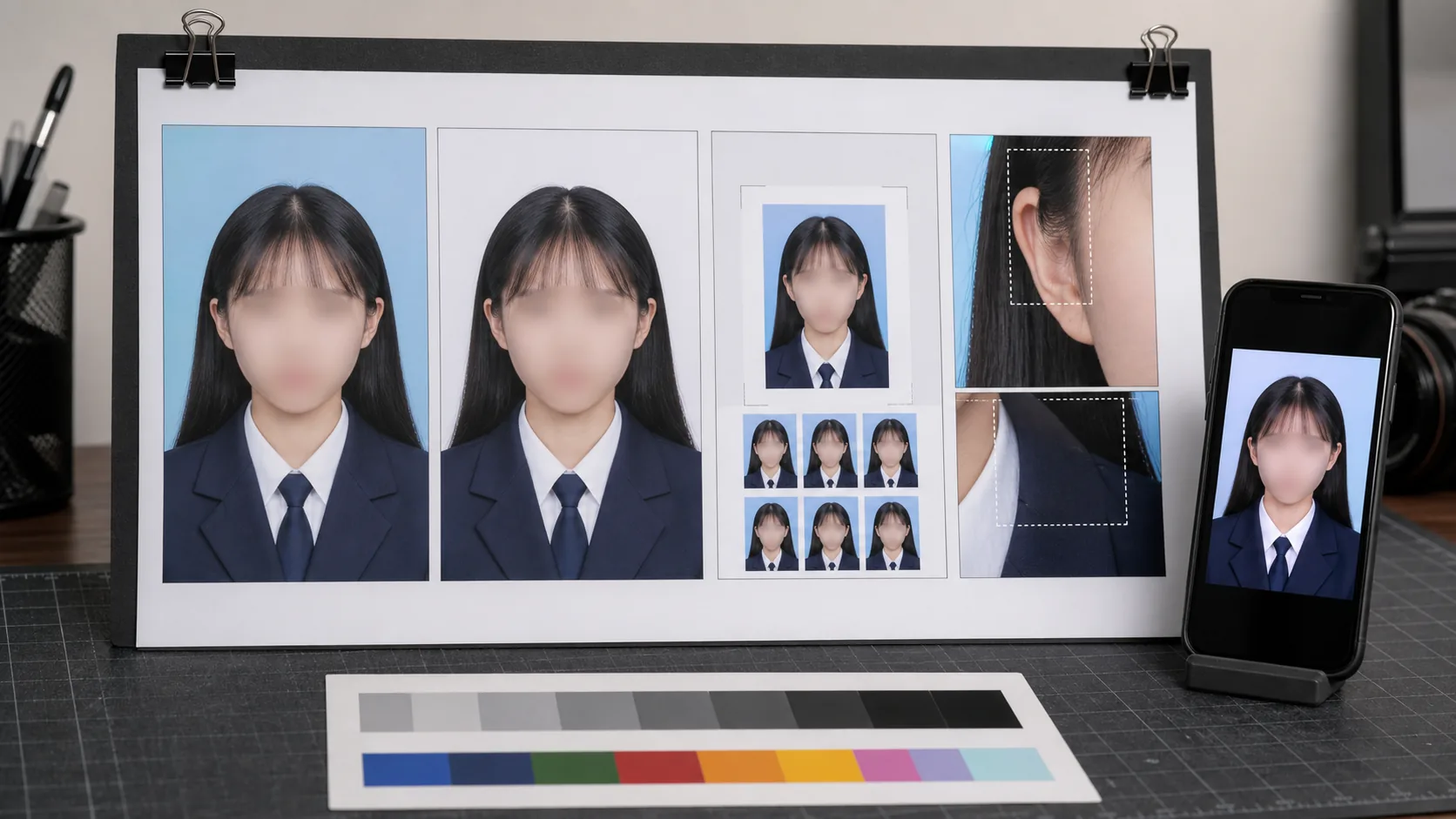 学生证件照四宫格抽检板展示原图修后图最终尺寸预览和局部放大