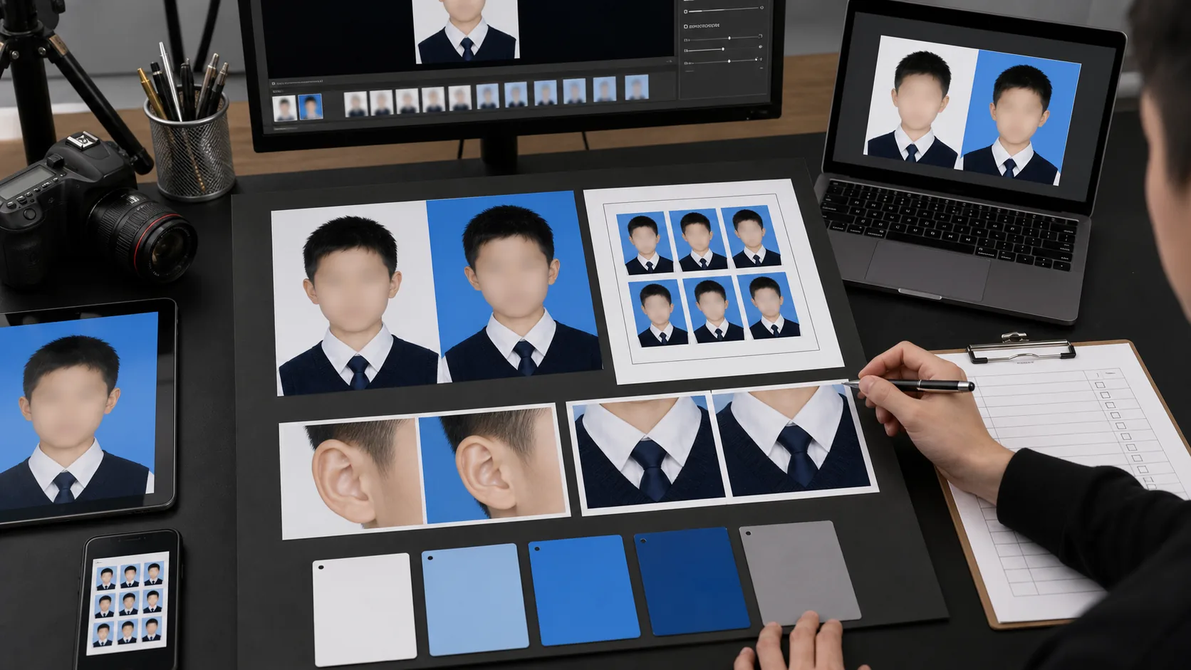 学生证件照返检工作台展示原图修后图回执尺寸和耳朵领口局部