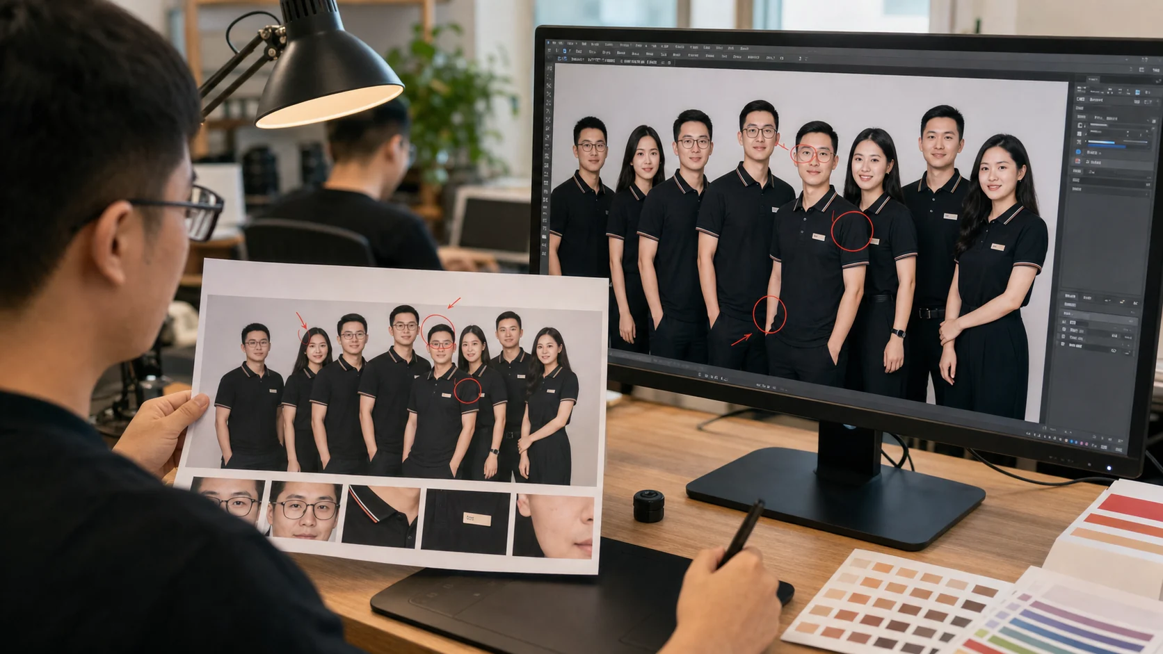 团队合照 AI 修图返检工作台展示眼镜反光、衣领 logo、胸牌和肤色对照