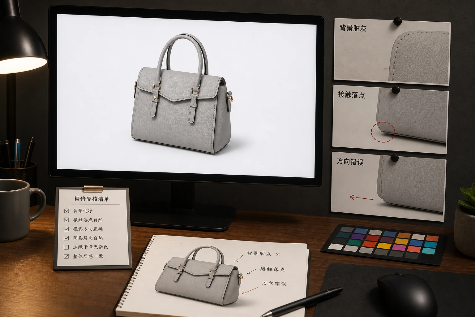 产品接触阴影修图质检板展示背景脏灰接触落点和方向错误