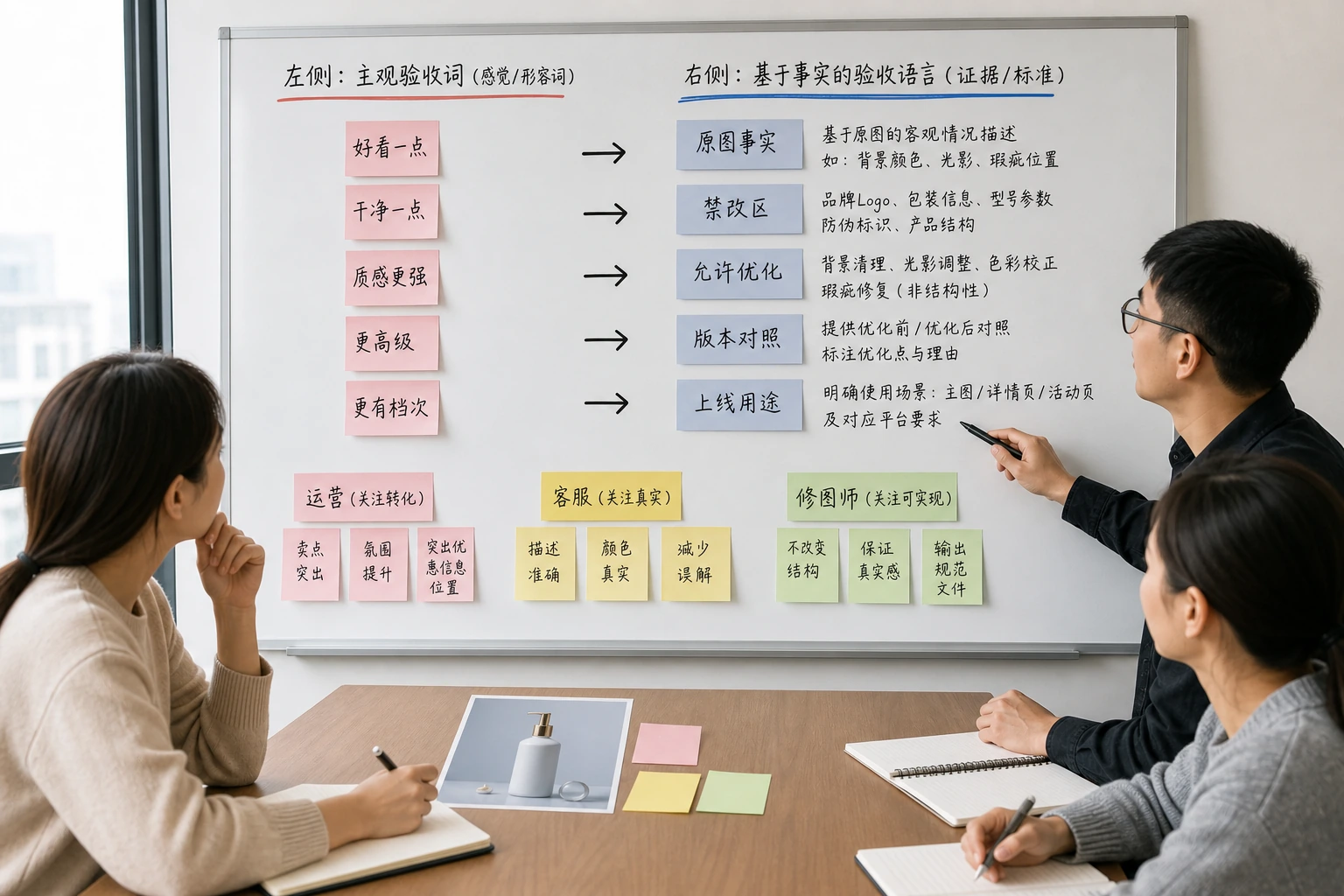 白板上对比商品图主观验收口径和可复核证据语言