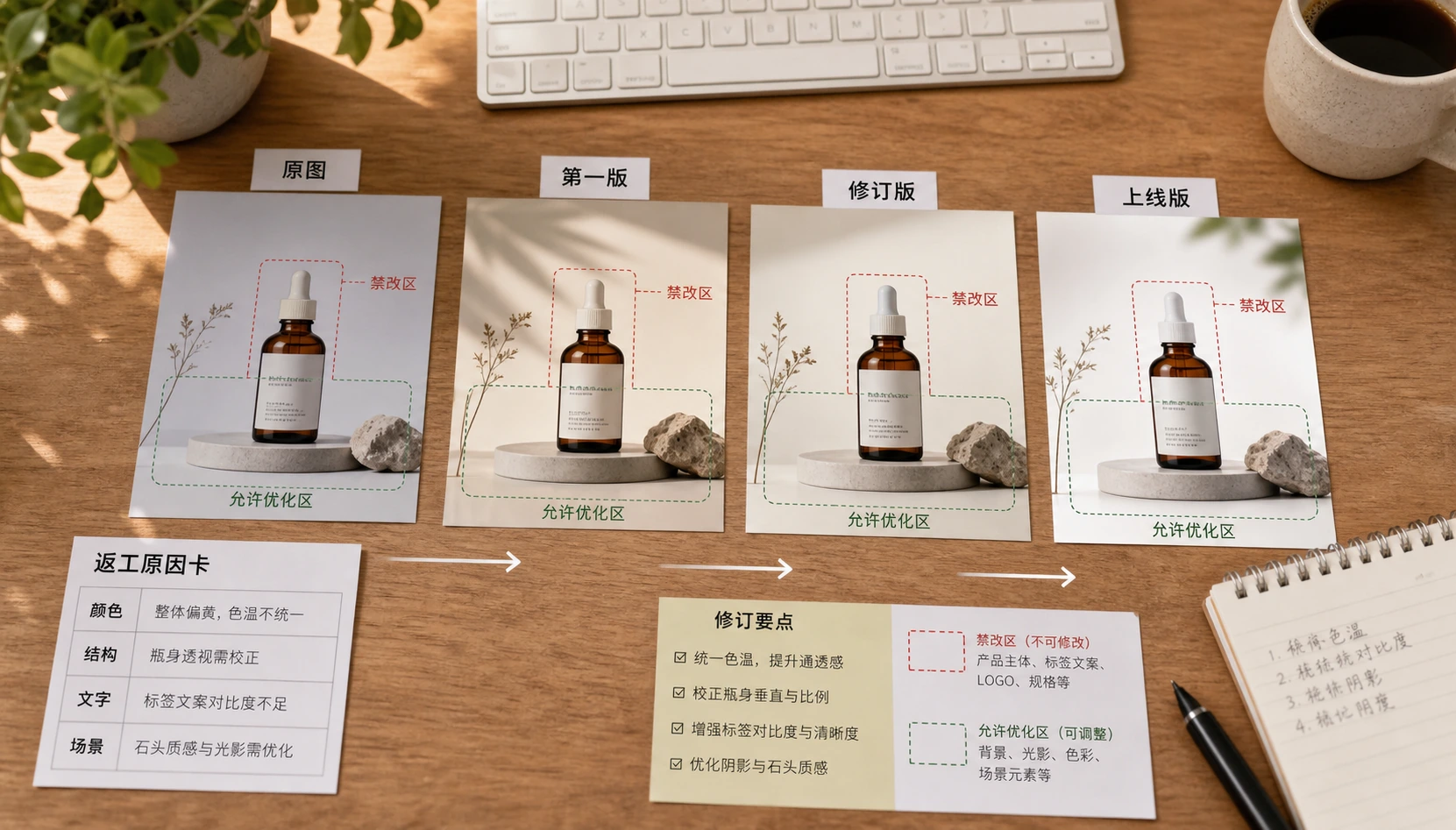 桌面上展示原图、修订版、上线版和返工原因卡片