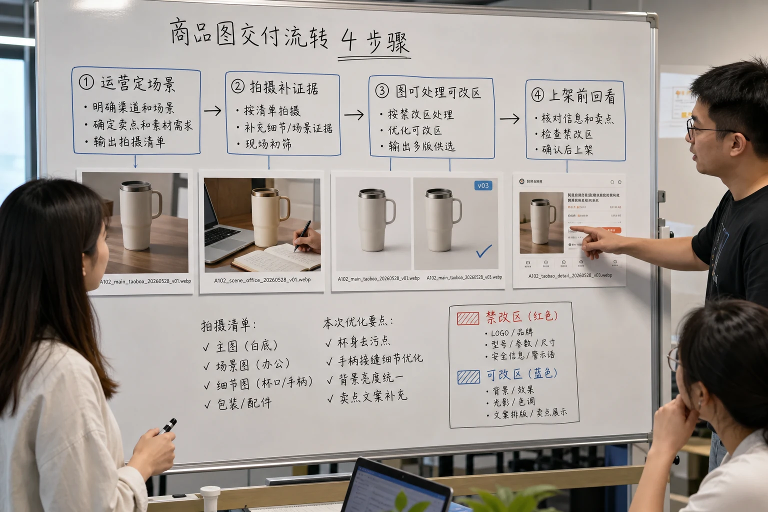 白板上画出拍摄输入、图叮精修、外包返修和上架验收的商品图工作流