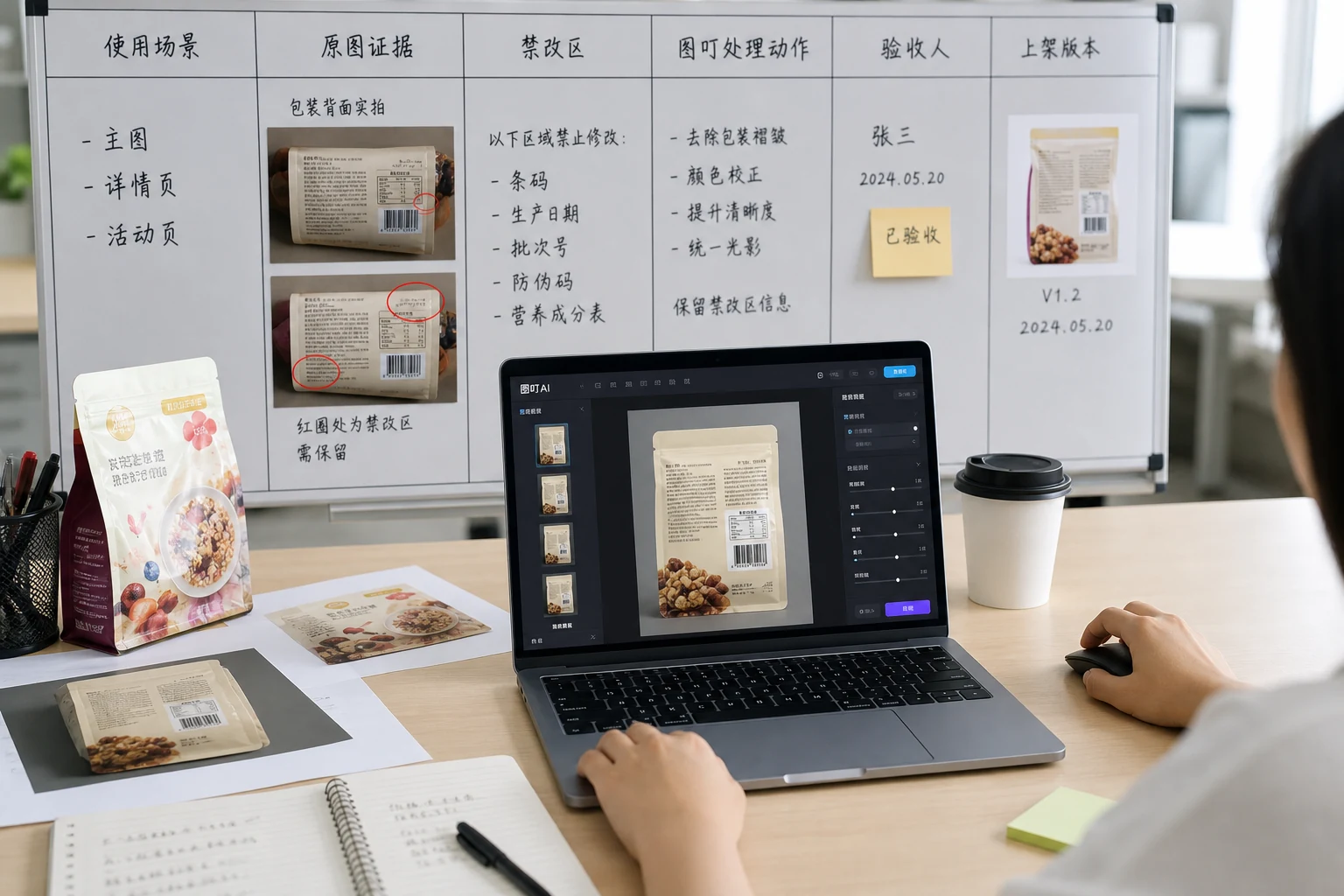 电商团队桌面上的修图 brief 交接板，列出使用场景、原图证据、禁改区和上架版本