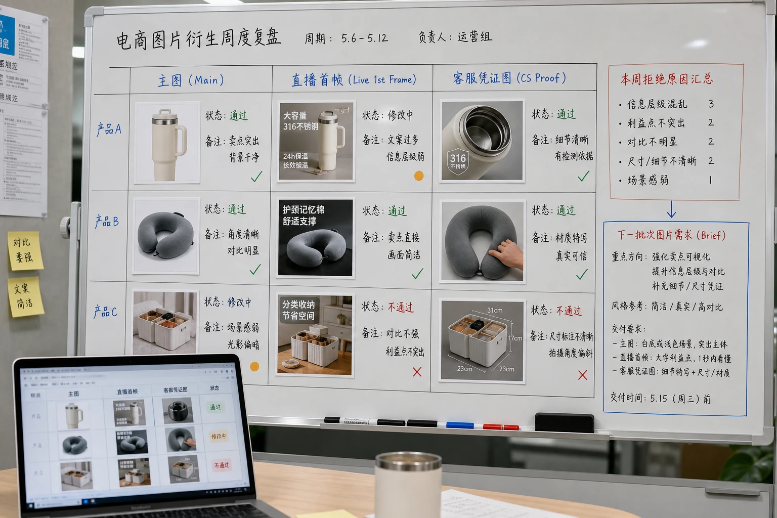 多渠道派生表复盘页面，显示主图、直播首帧、客服图的返工原因被写回下一批brief