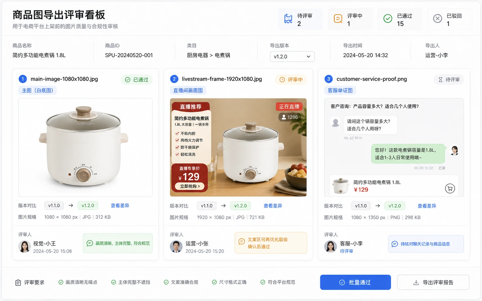 三种商品图导出版本的文件命名和复核流转板，显示主图、直播首帧、客服图的命名示例