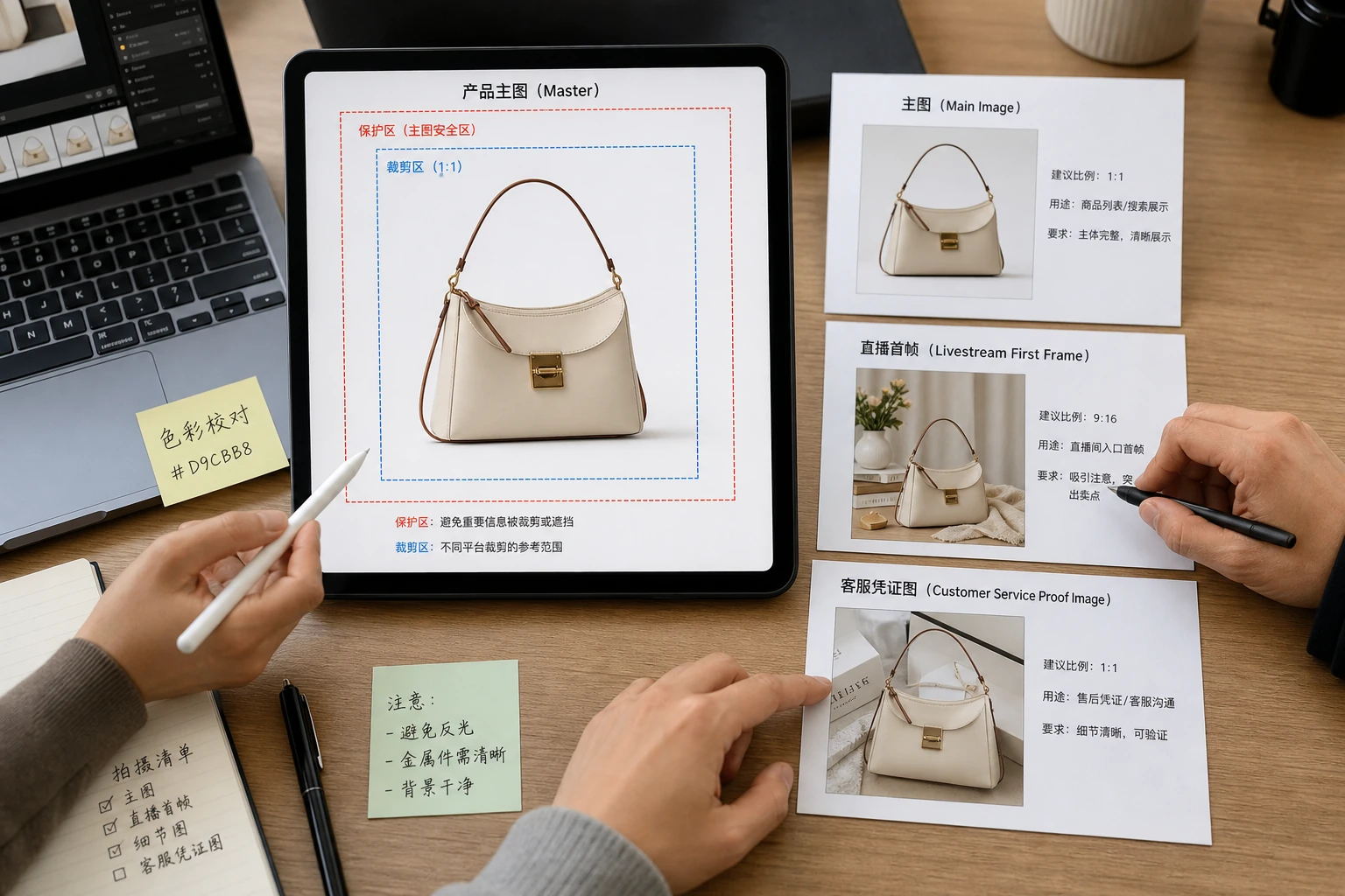 商品图多渠道派生表工作台，中心是一张可信母版商品图，周围标出主图、直播首帧和客服图三种出口