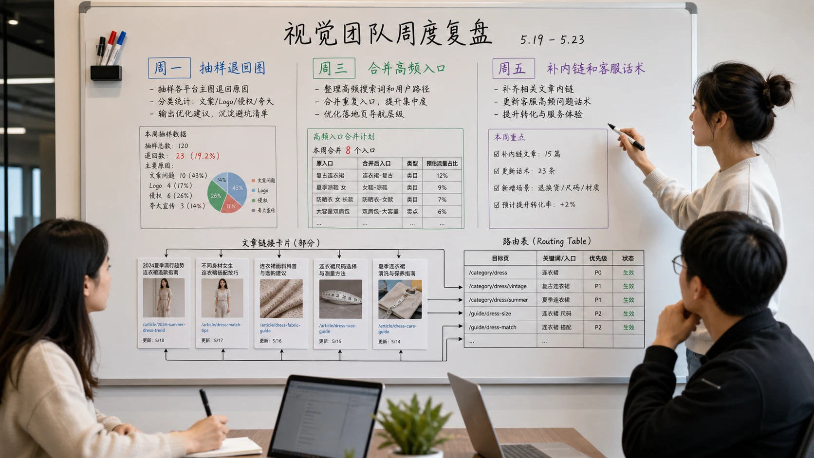 每周维护商品图返检资料库的复盘白板