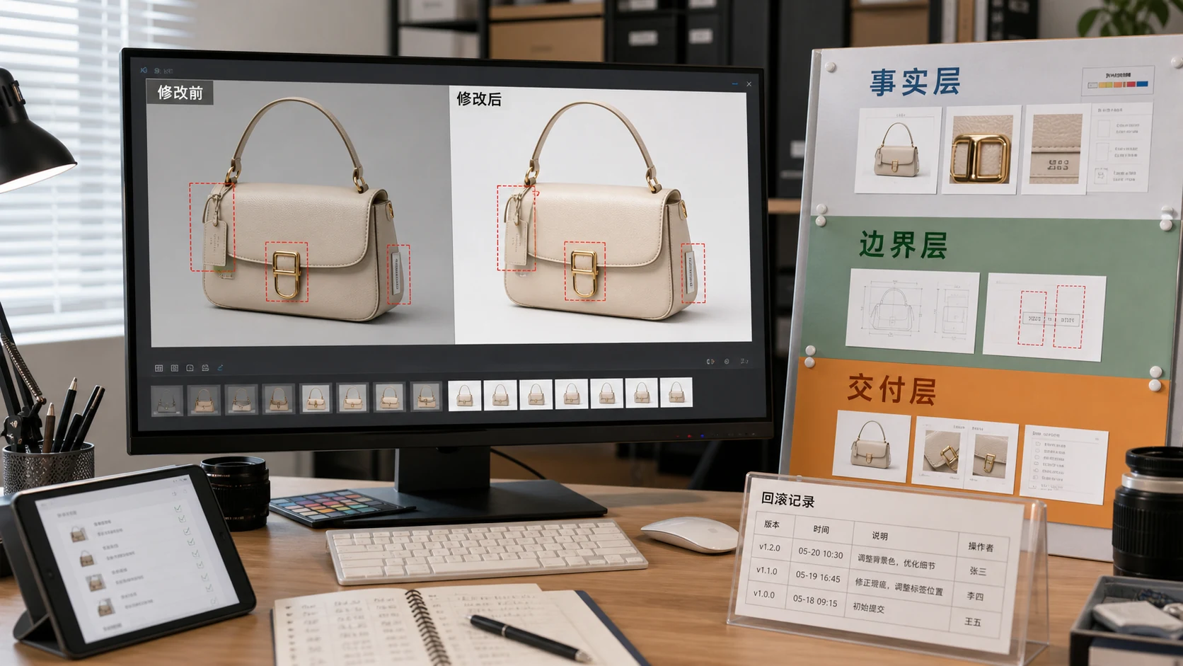 商品图可信度三层模型工作台，原图事实、AI 边界和交付说明被放在同一张看板上