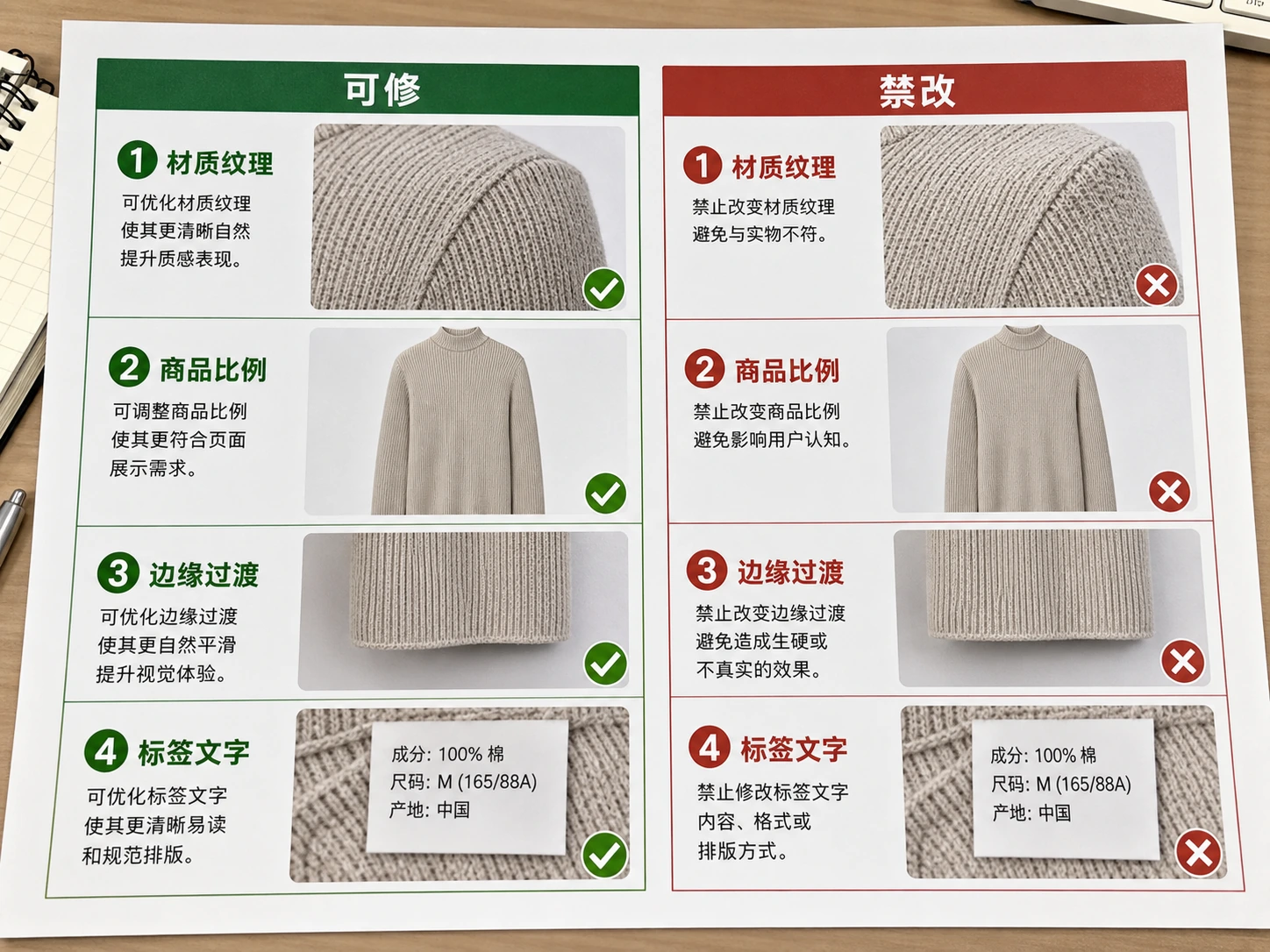 产品修图可修和禁改检查板标注材质比例边缘标签
