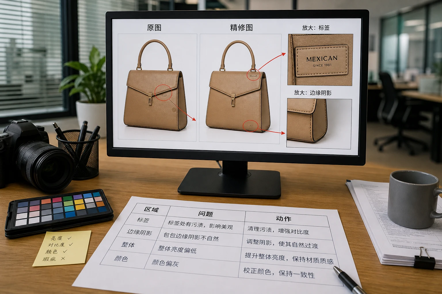 图叮外包修图验收工作台，展示原图、修后图、局部放大和返工备注