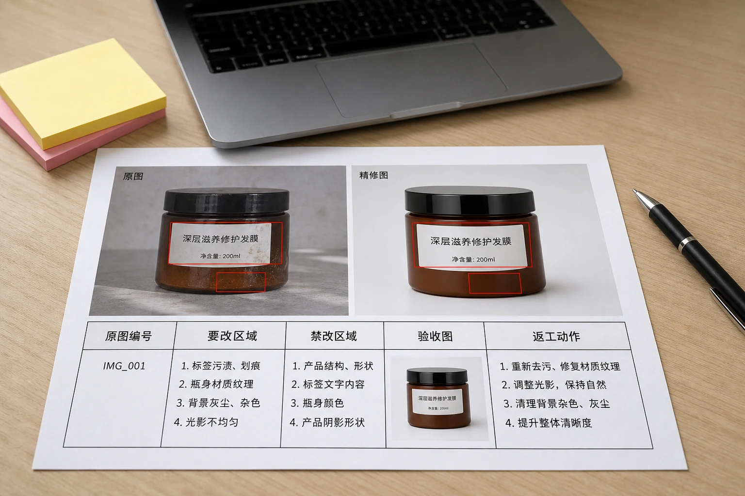图叮修图外包 brief 模板，包含原图编号、要改区域、禁改区域、验收图和返工动作