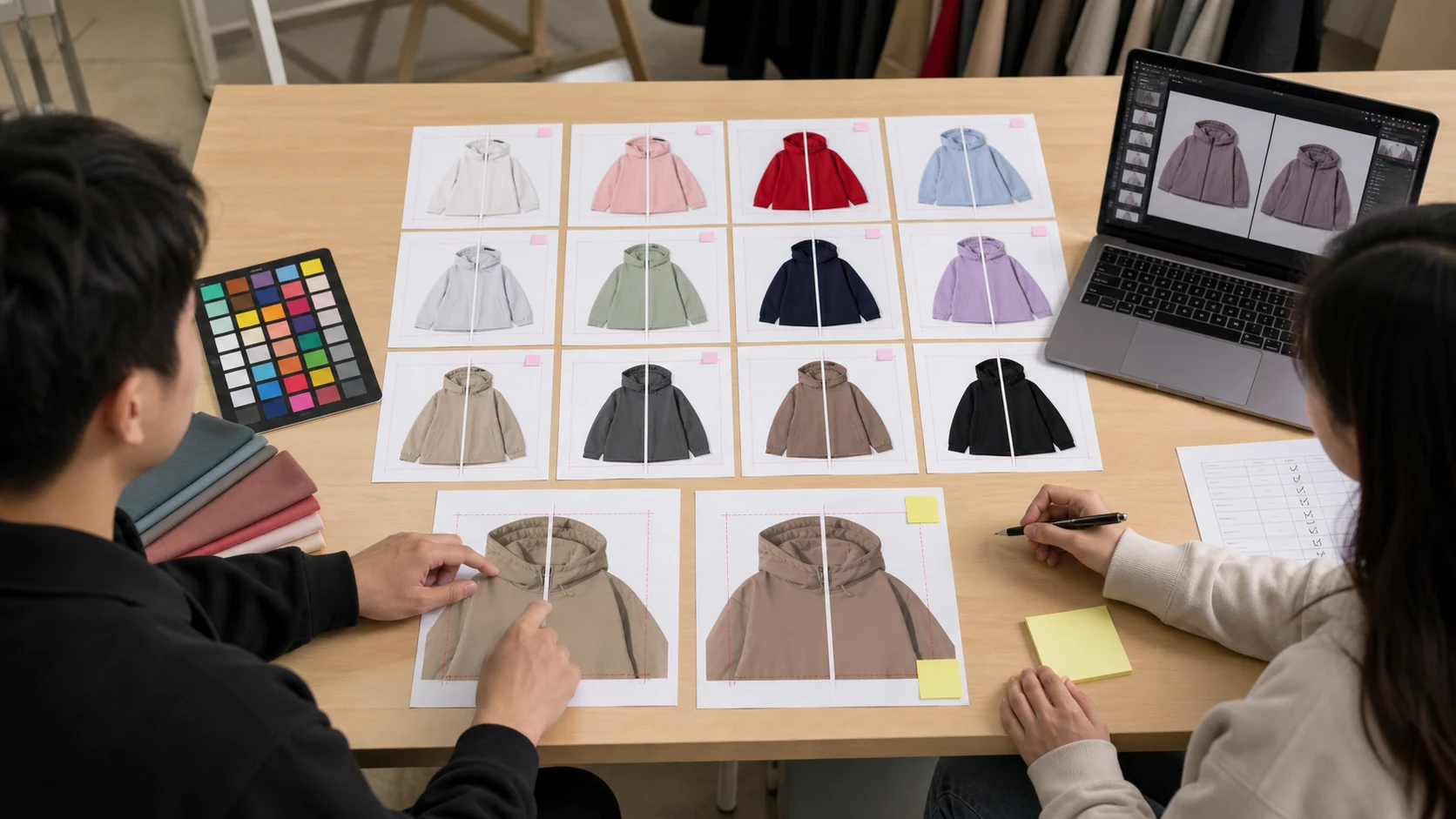 同款多色 SKU 批量修图工作台展示色卡、原图和图叮初稿