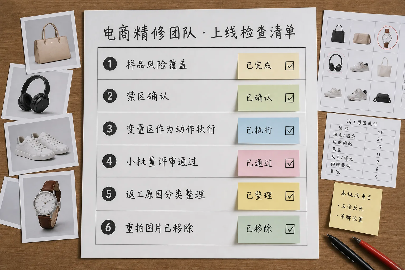 AI 修图放量前六项检查清单，包括样张覆盖、禁改区、可变区、小批量复核、返工归类和补拍剔除