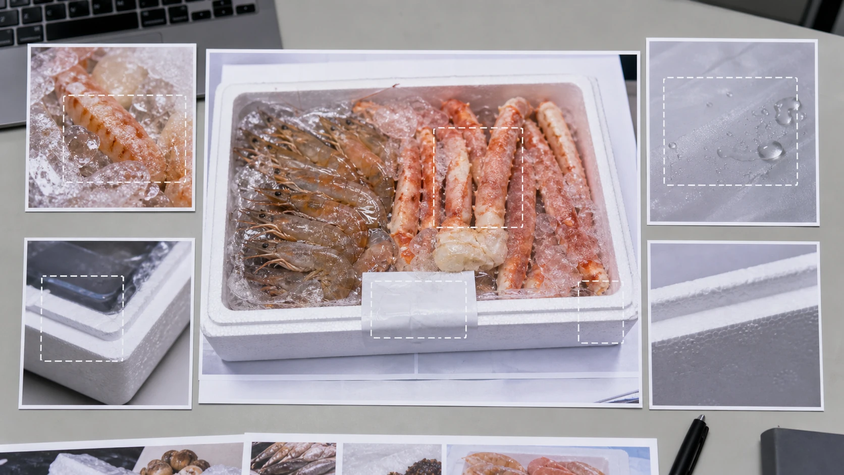 冰鲜海鲜礼盒返工复盘板展示冰衣解冻水产地标签和泡沫箱证据区