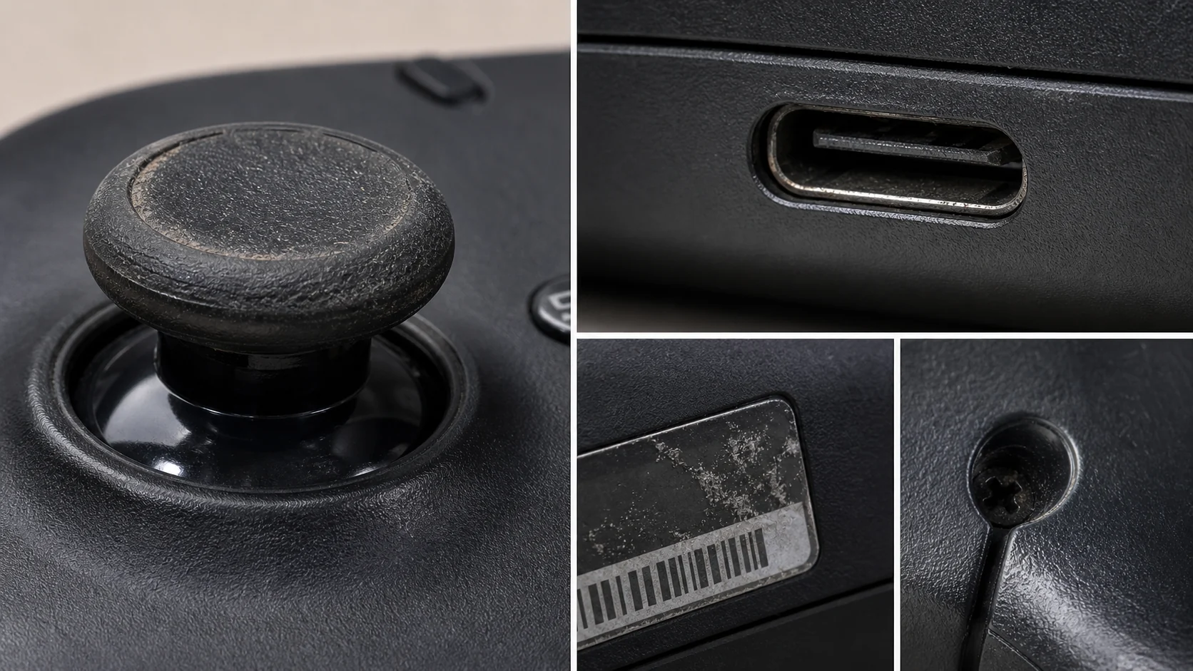 二手手柄摇杆、USB-C 接口和背面序列贴的局部细节对照