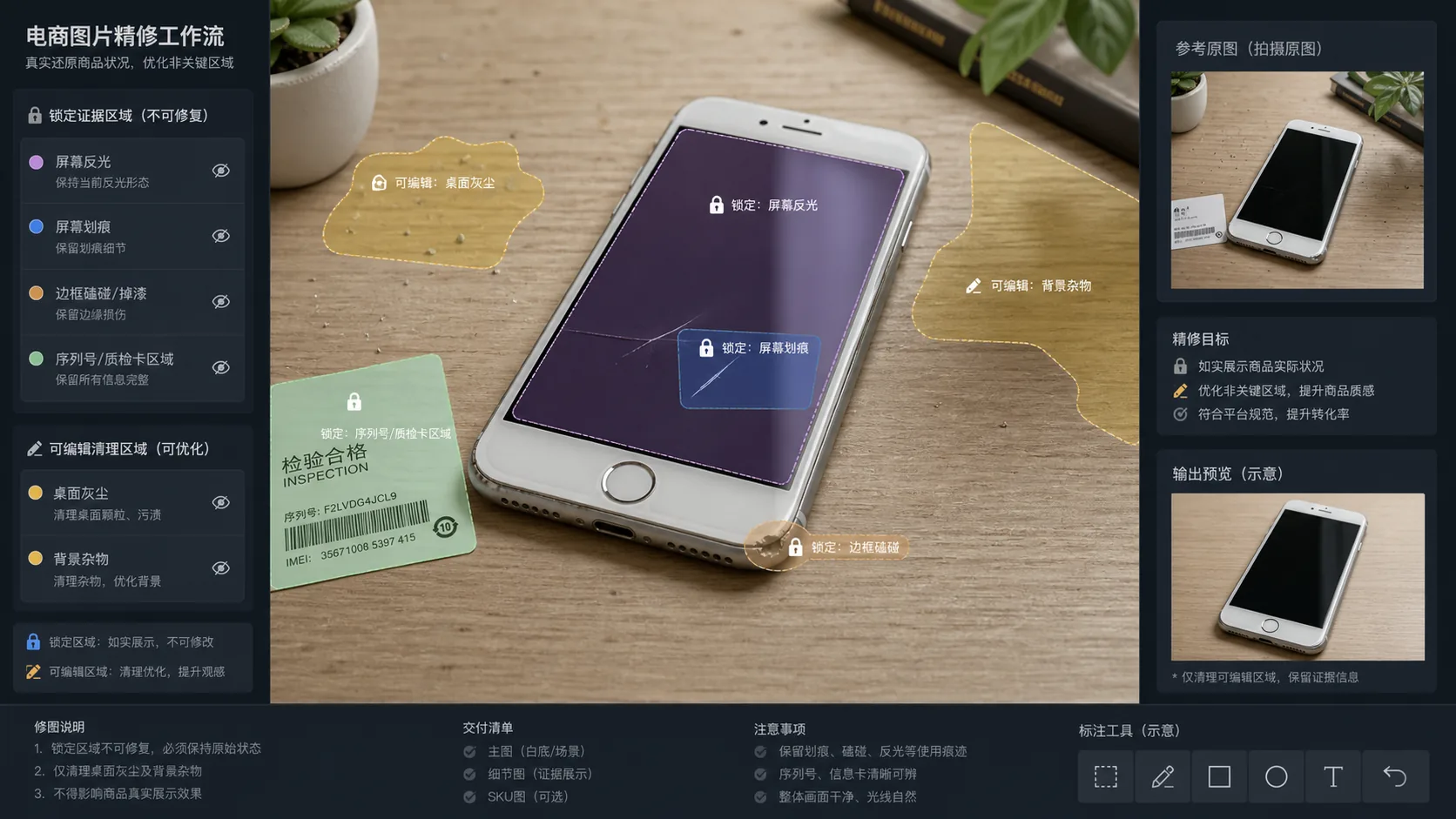 图叮工作台中二手手机屏幕证据区被锁定，背景灰尘作为可清理区域