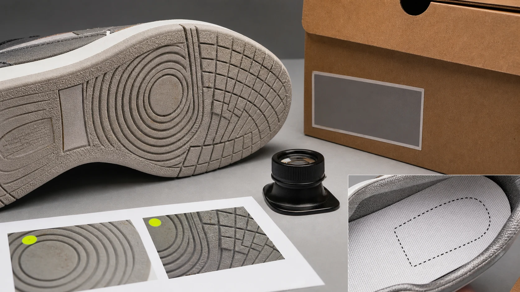 鞋底纹路、试穿痕、鞋盒尺码标和鞋垫印刷的局部检查图