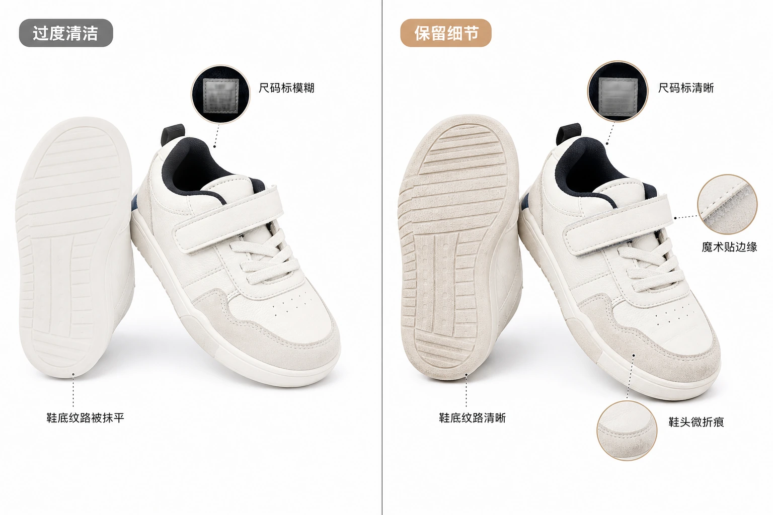 童鞋商品图修成新鞋与保留鞋底纹尺码标的对比