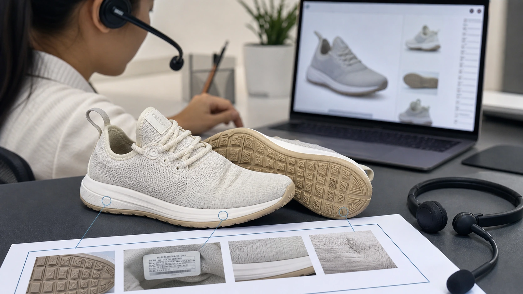 客服桌面上的运动鞋商品图审核场景，旁边标出鞋底纹尺码标胶线和折痕