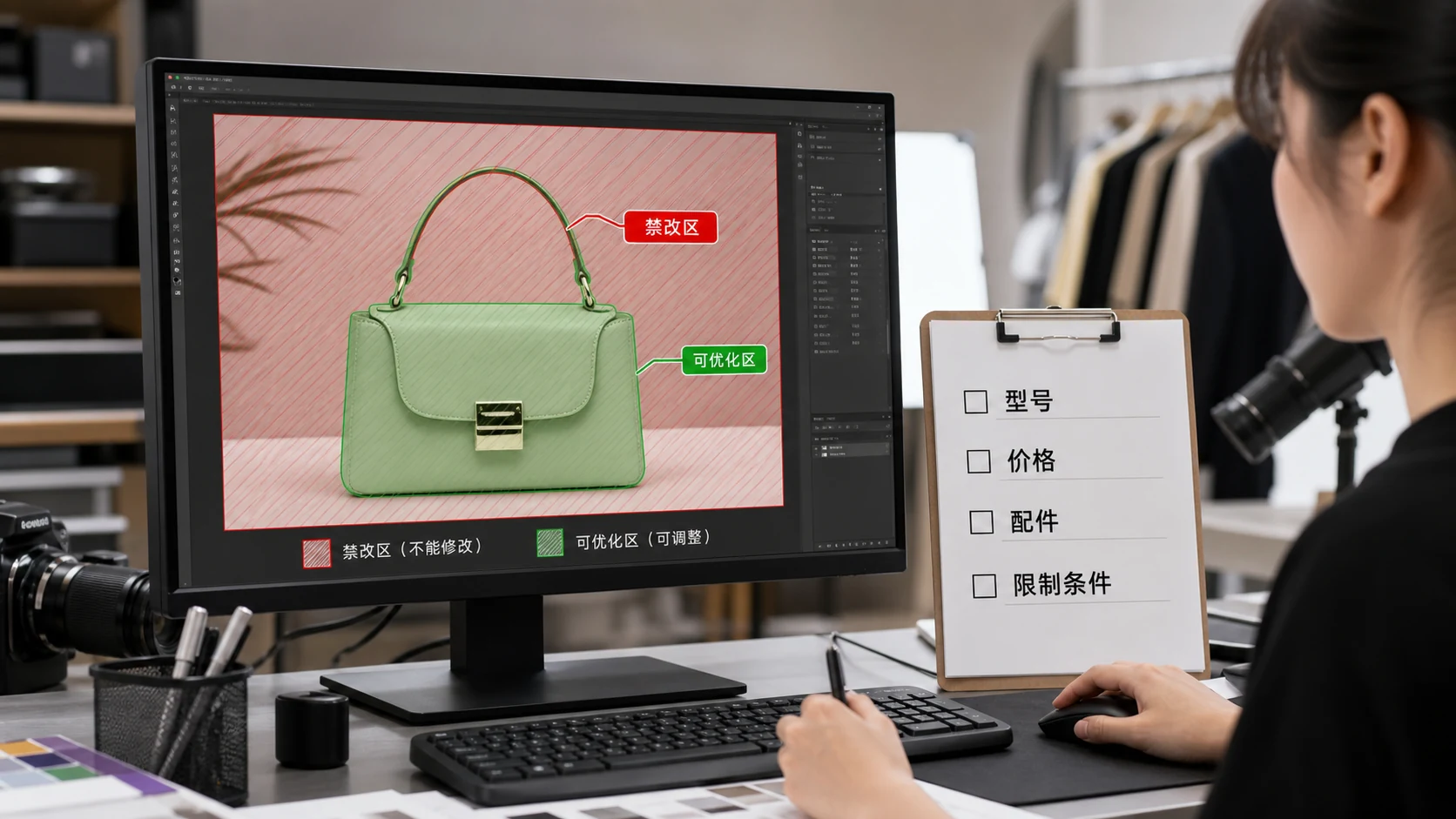 修图工作台上商品图禁改区和可优化区分开的流程示意