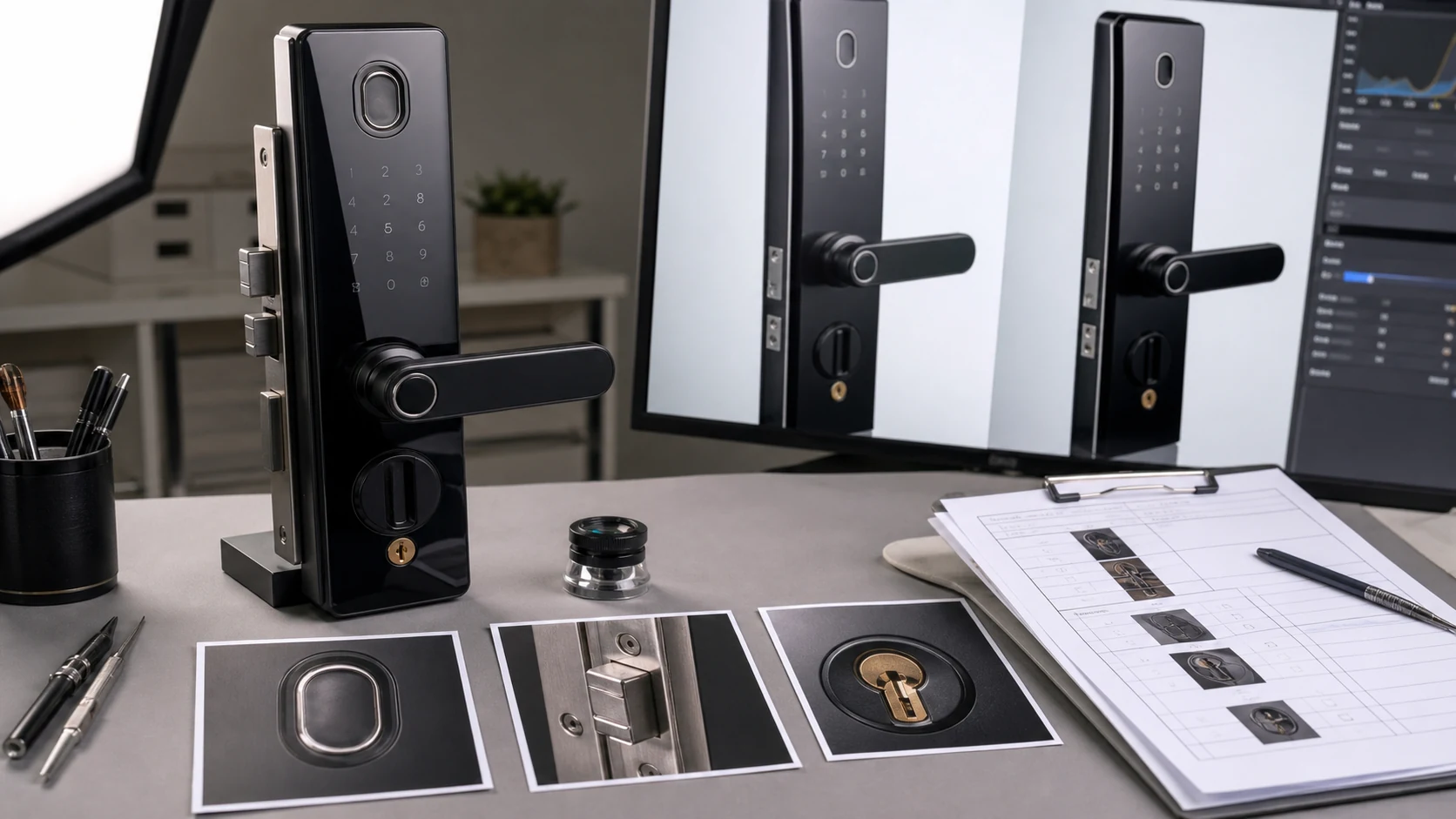 智能门锁 AI 修图返检工作台展示主图、指纹区、锁舌和应急钥匙孔局部