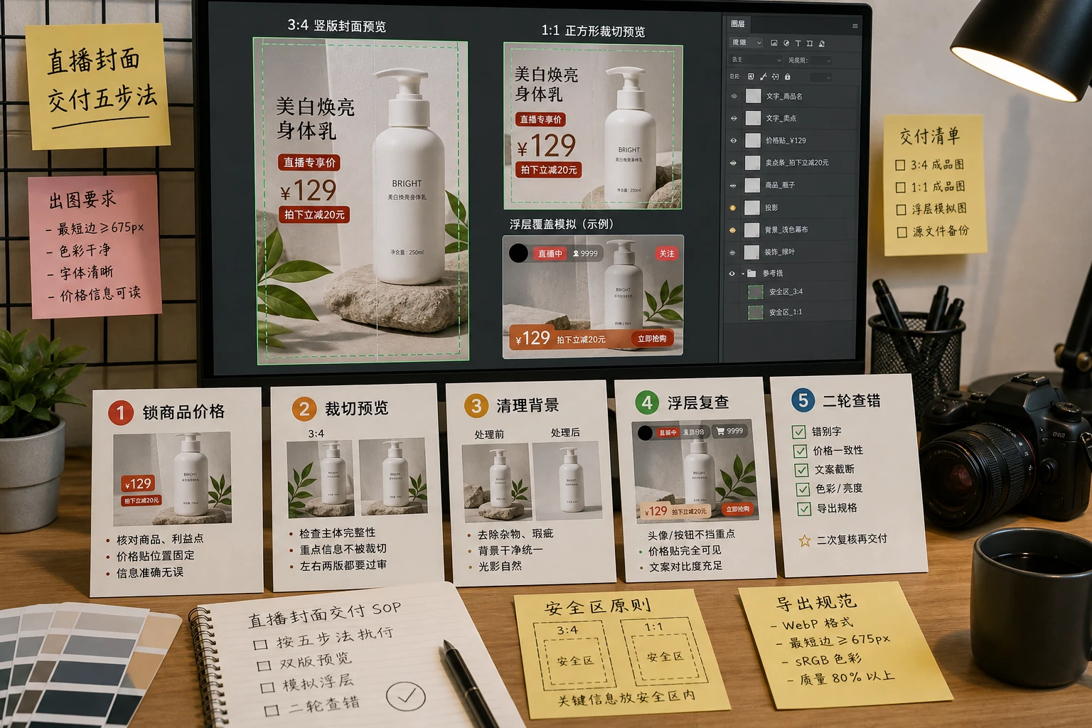 直播封面修图交付顺序工作台，包含锁定商品、裁切预览、背景清理和浮层复查