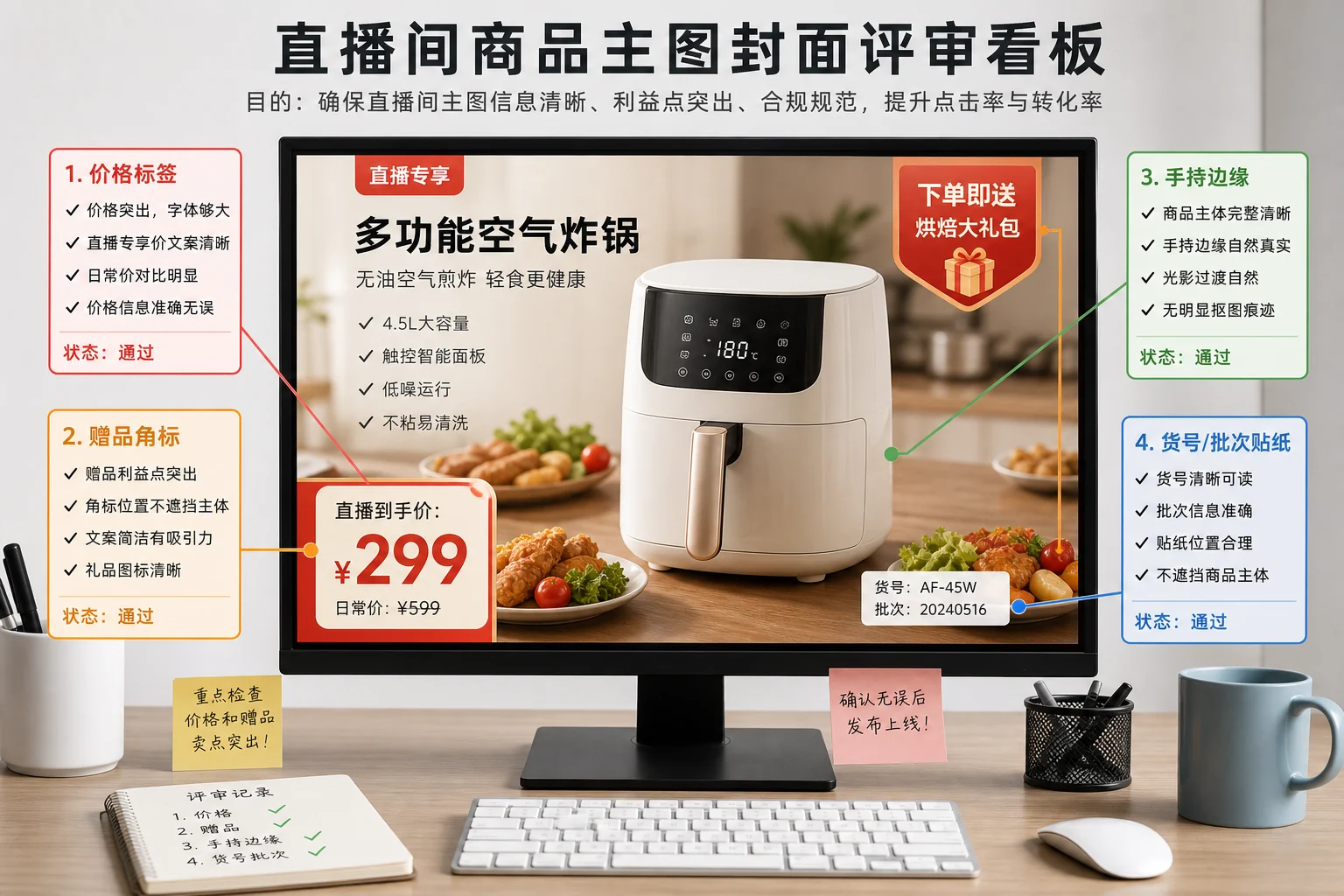直播间封面图被标出价格贴、赠品角标、主播手持商品和库存码四个证据区