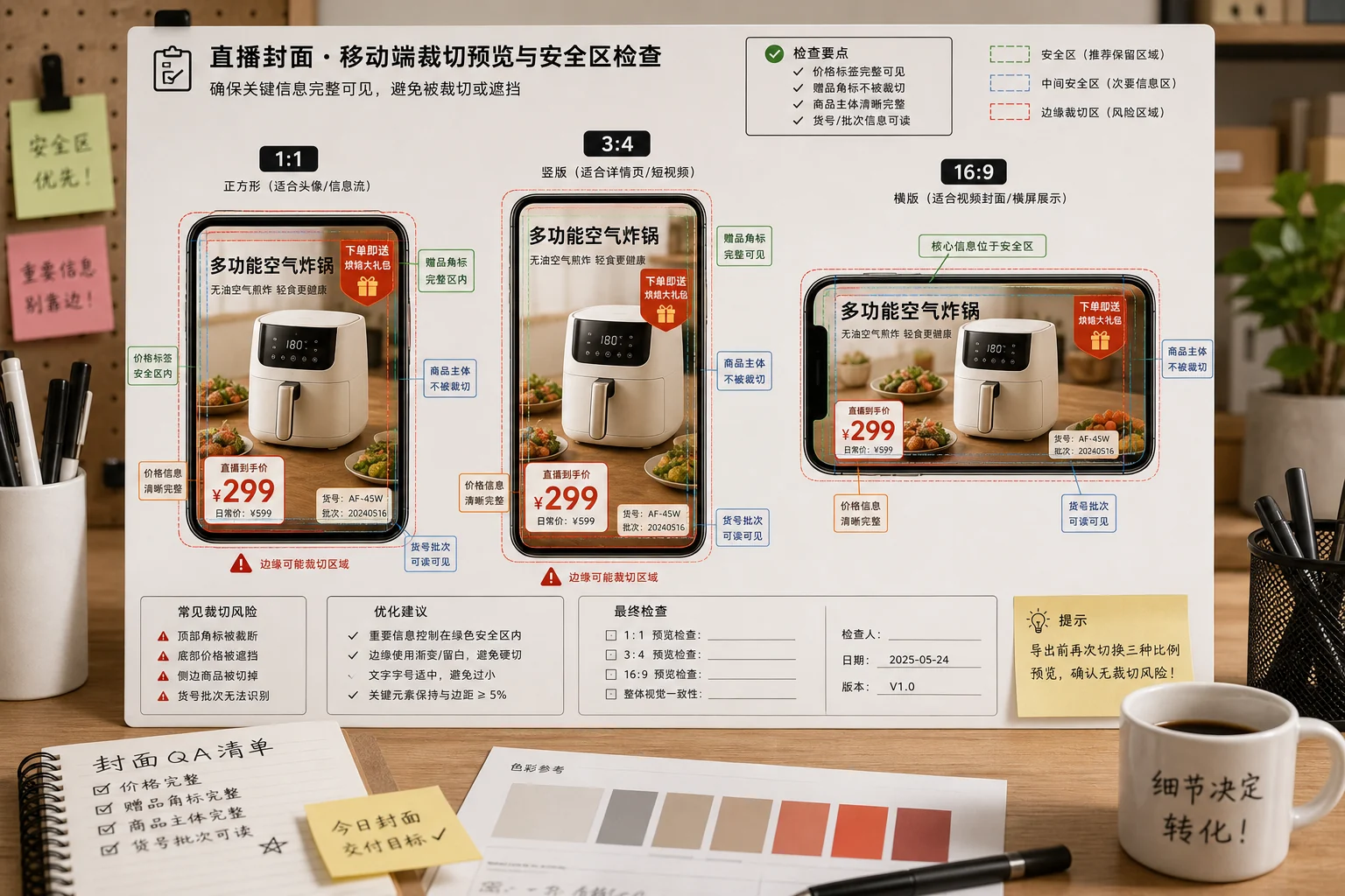 手机端裁切验收工作台展示 1 比 1、3 比 4 和 16 比 9 三种直播间封面预览