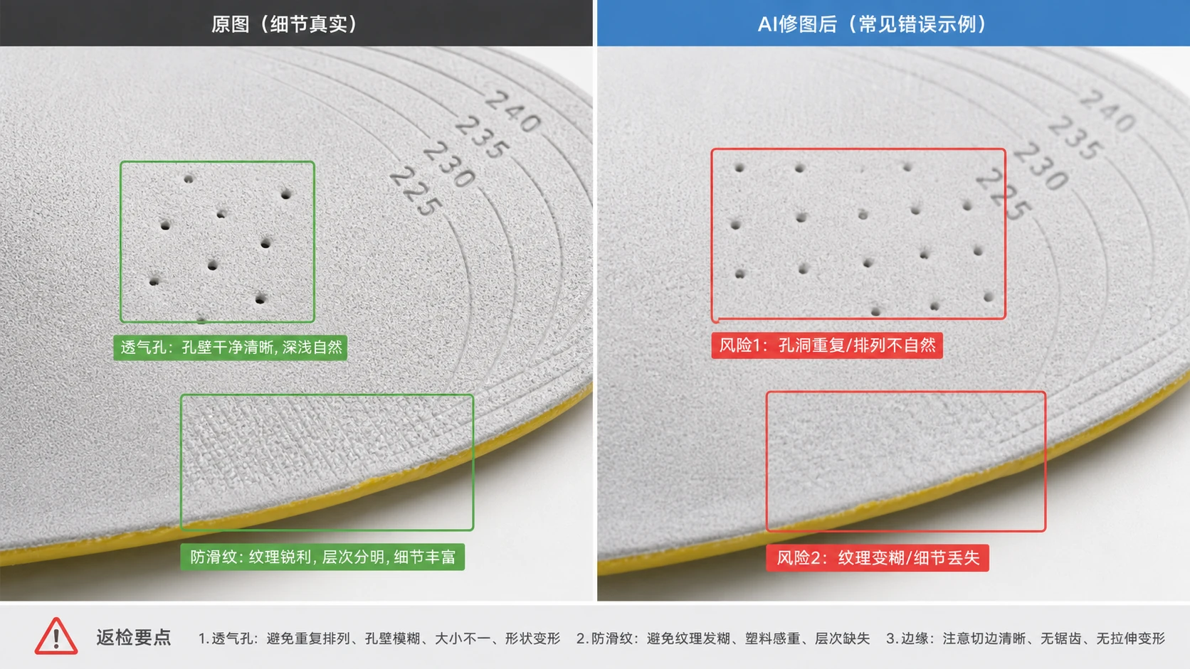 鞋垫透气孔和防滑纹局部放大对比，显示孔洞重复和纹理糊掉的风险