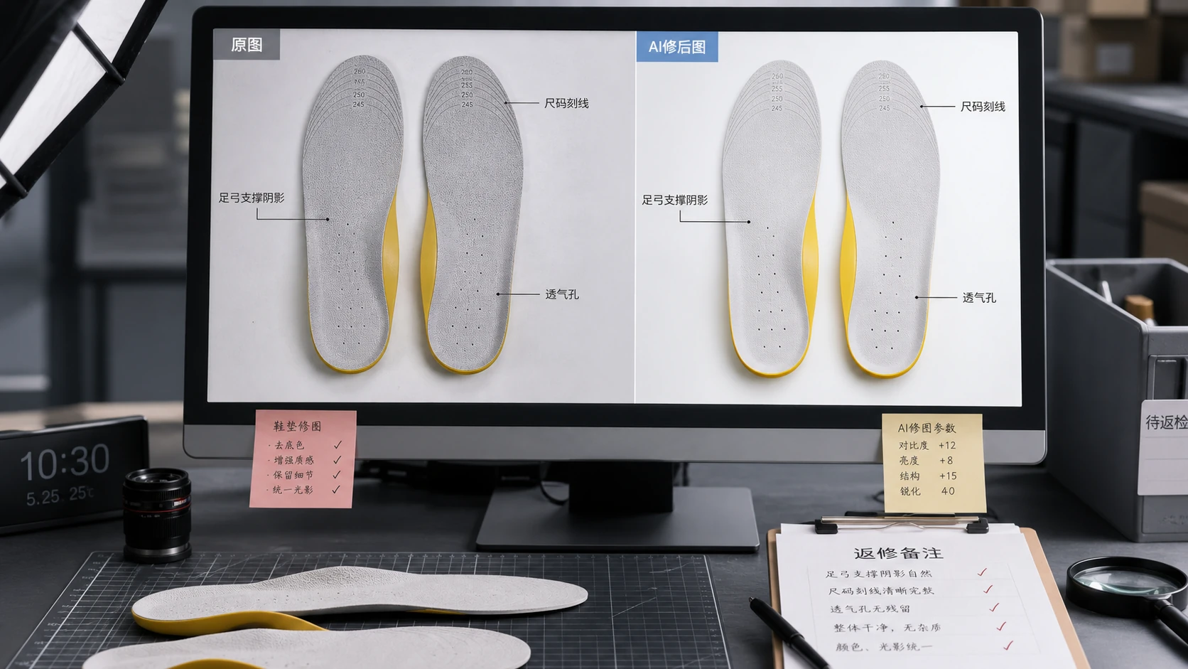 运动鞋垫商品图返检工作台，原图和修后图并排显示足弓支撑、尺码标和透气孔
