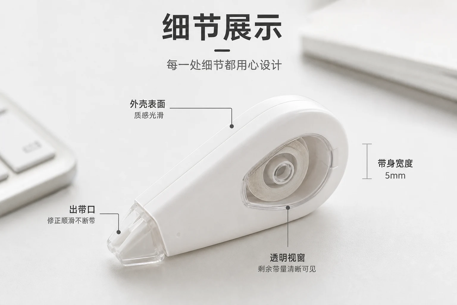 修正带商品图中外壳、出带口、透明窗和带宽标被分区标注