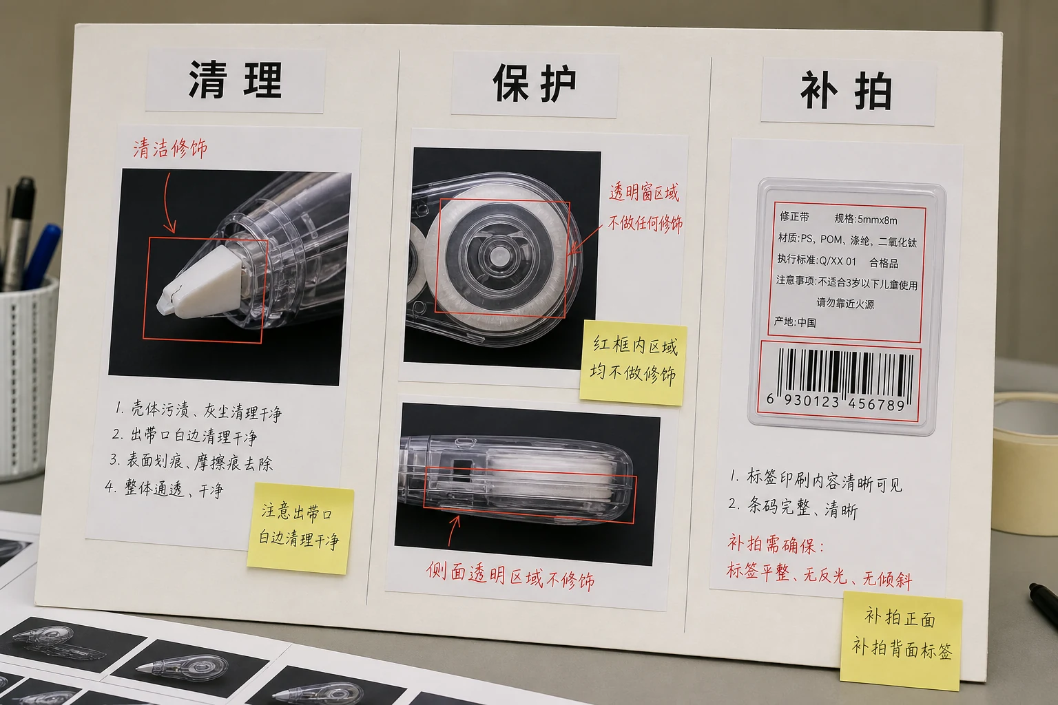 修正带修图工作台上三栏展示直接清理、局部保护和退回补拍路径