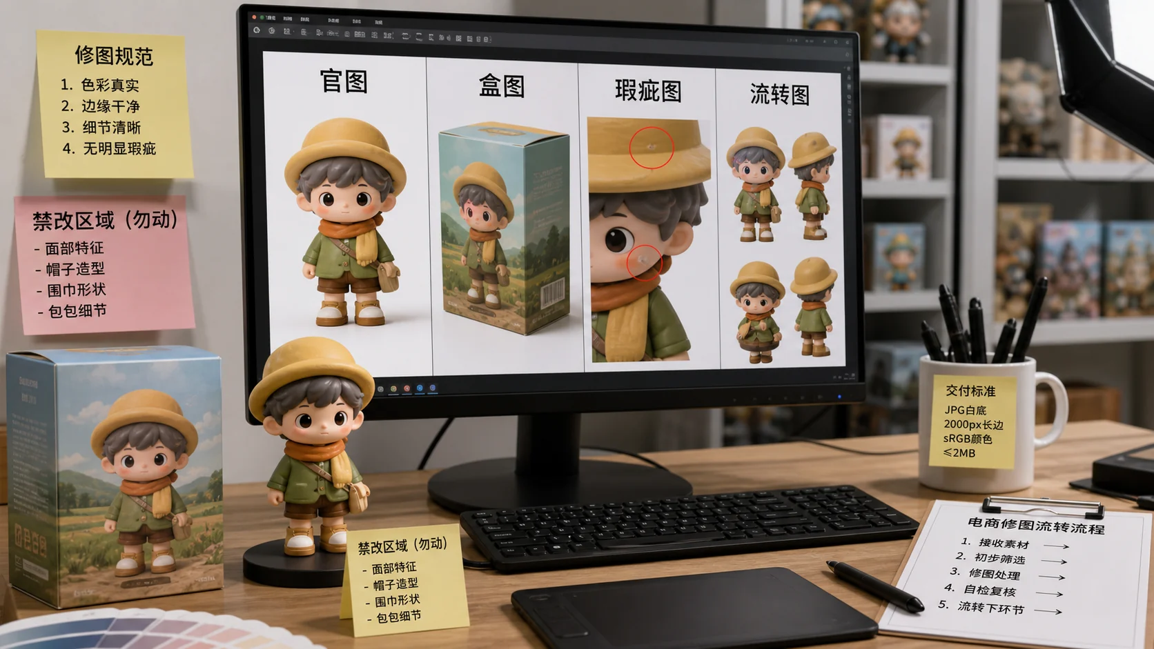 潮玩发售图分层工作台，官图、盒图、瑕疵图和流转图并排检查